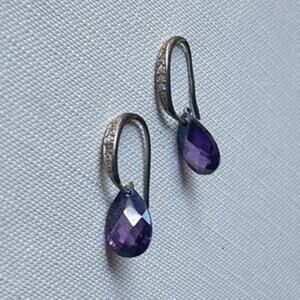 Sterling Silver French Hook Drop Earrings with  Purple Teardrops